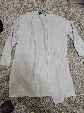 Talbots Light Gray Open-Front Midi Ribbed Cardigan With Button Accent On Cuffs
